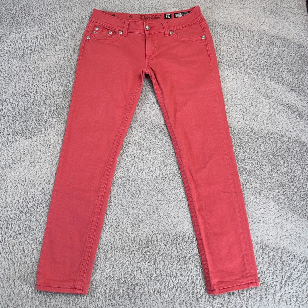 Miss Me Ruby Red Skinny Jeans Embroidered Sequin Pockets Mid Rise Womens 29